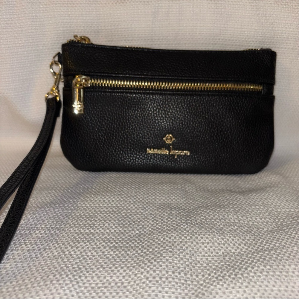 Nanette Lepore Black Mollie Tech Wristlet with Gold Accents